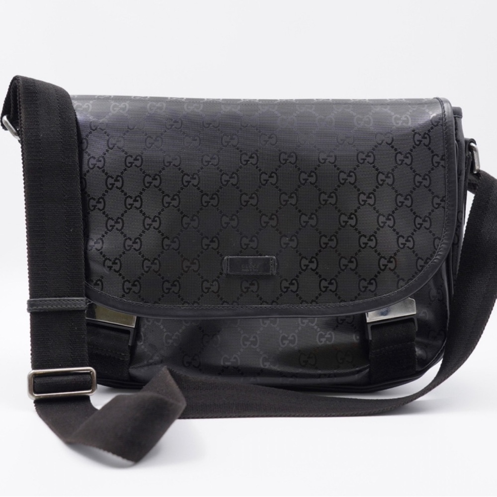 Gucci Imprime Monogram Double Buckle Flap Messenger Bag Black GG